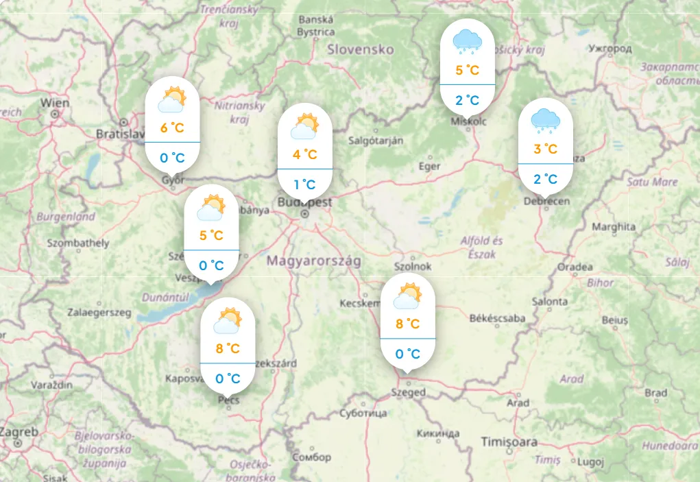Időjárás: Mutatjuk a napi hőmérsékletet kedden. Forrás: köpönyeg.hu