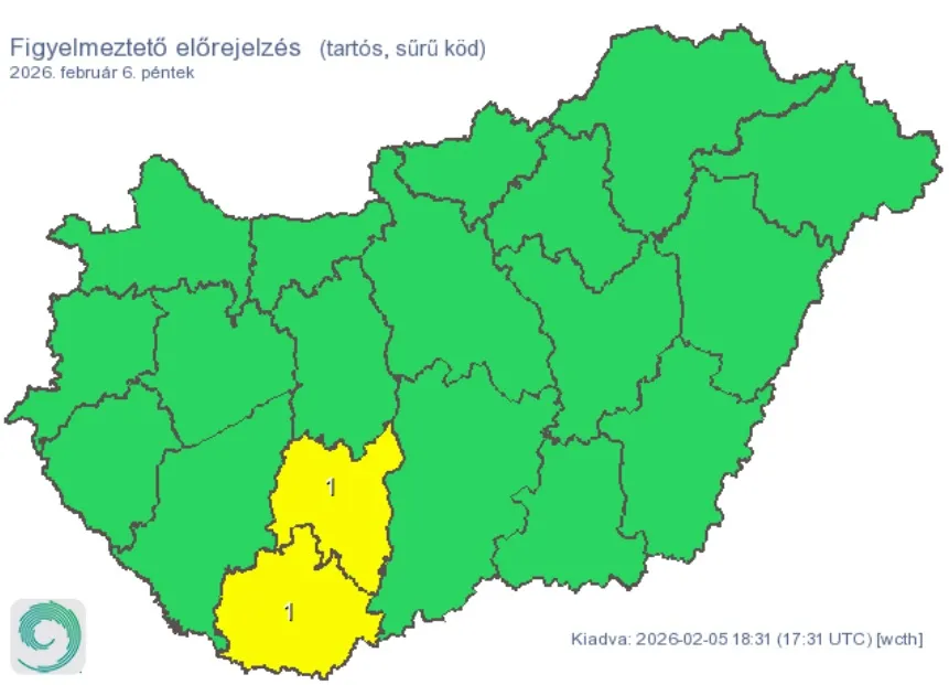 Citromsárga riasztást adtak ki tartós köd miatt Baranya és Tolna vármegye területére&nbsp;2026. február 6-ára