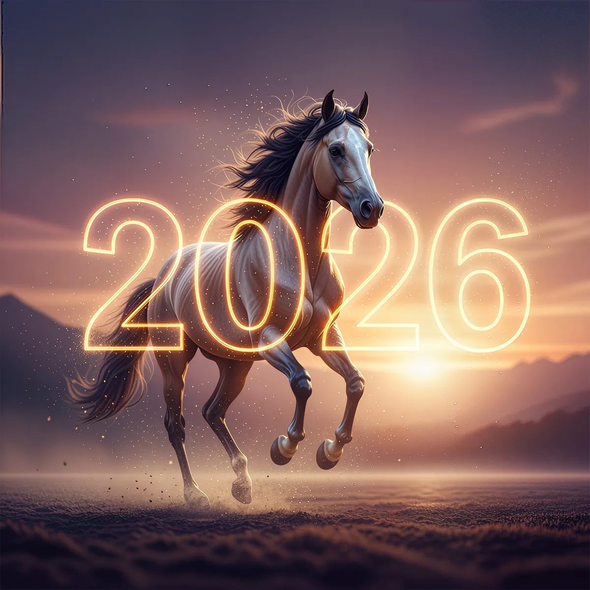Tűz Ló éve Realistic,Galloping,Horse,And,Glowing,2026,Numerals,At,Sunrise:,Year