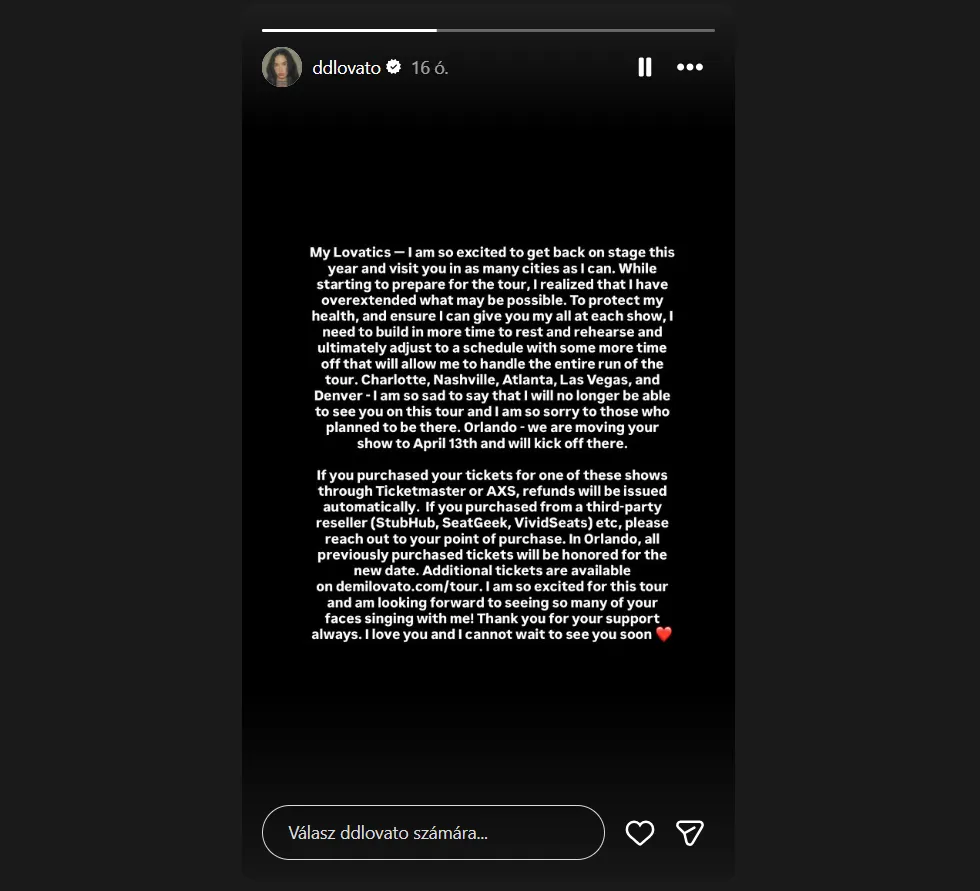 alt=Demi Lovato a közösségi oldalán jelentette be a rossz hírt a rajongóinak