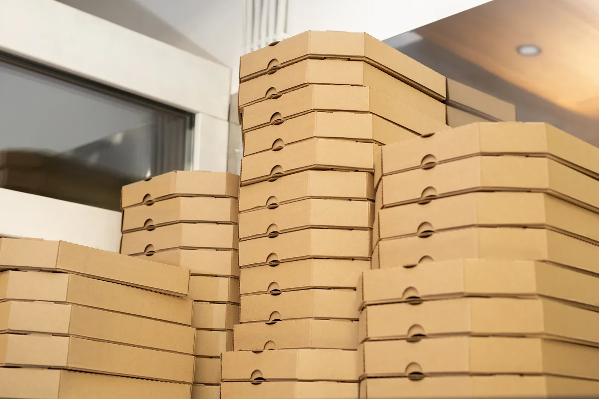 Stack,Of,Pizza,Boxes.,Cardboard,Brown,Pizza,Delivery,Boxes.,Many