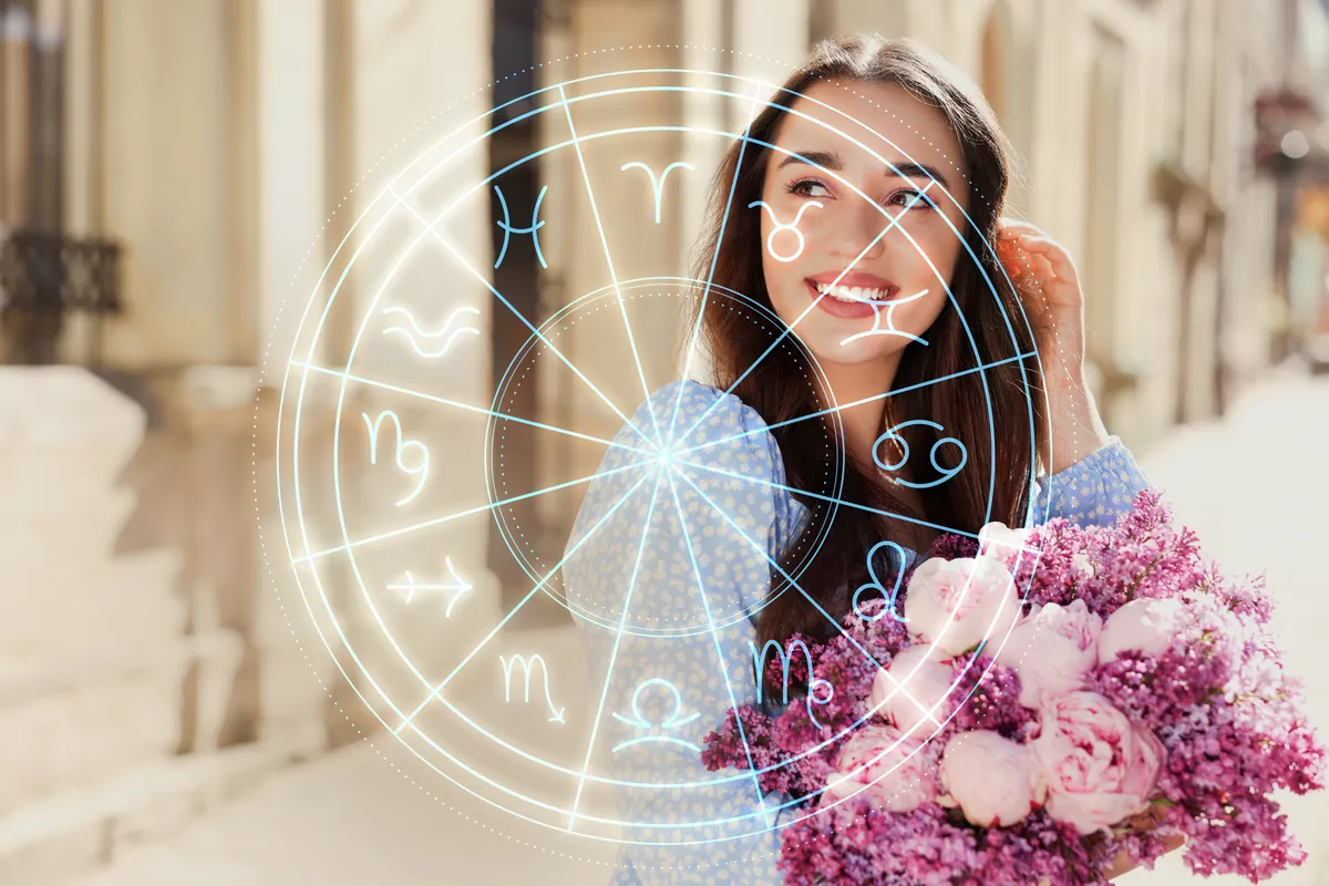Nőnapi horoszkóp Beautiful,Woman,With,Flowers,Outdoors,And,Zodiac,Wheel.,Horoscope