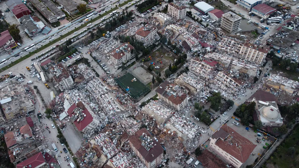 February 7, 2023, Hatay, Turkey: An aerial image taken with a drone shows numerous buildings destroyed by the earthquake, in the city center. Turkey experienced the biggest earthquake of this century in the border region with Syria. The earthquake was mea