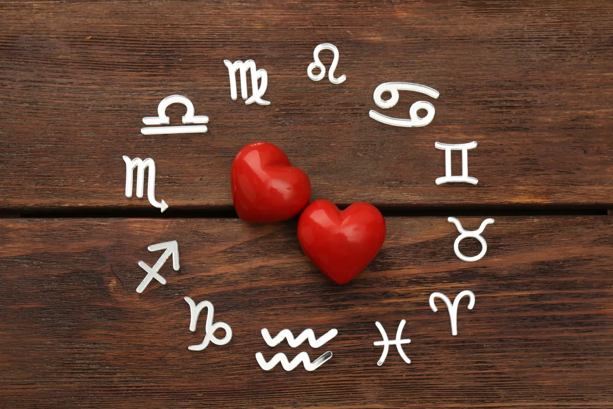 4 csillagjegy Zodiac,Signs,And,Red,Hearts,On,Wooden,Background,,Flat,Lay