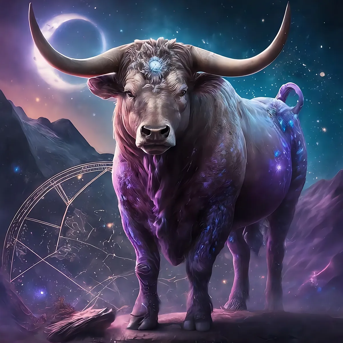Teremtő energiákkal érkezik a Bika újhold A,Hyperrealistic,Taurus,Bull,,Captivating,Blues,And,Purples,Illuminating,Its
