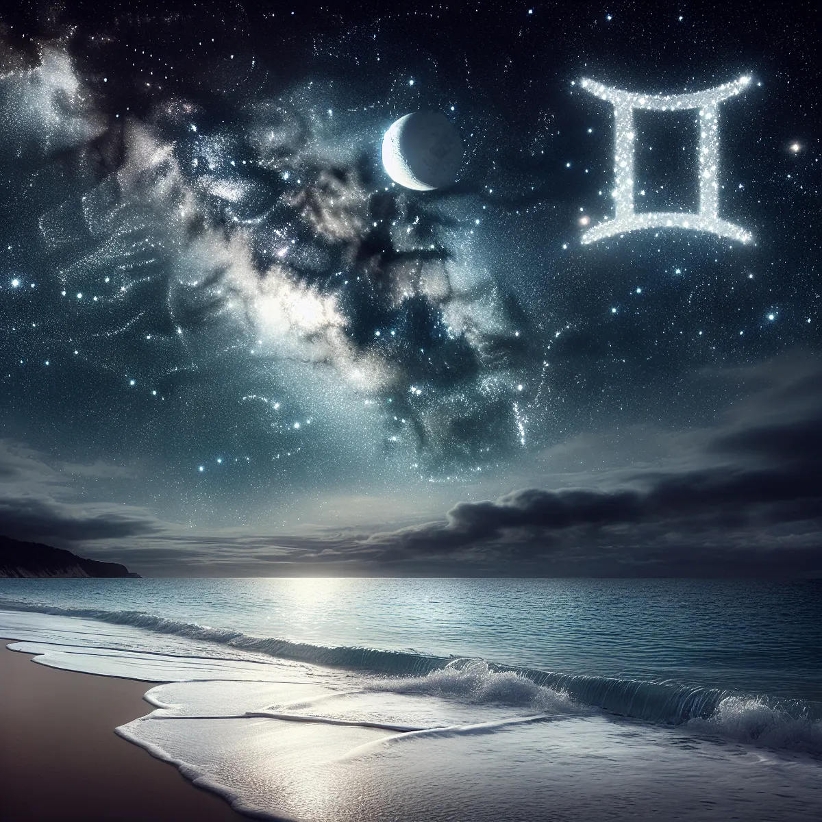 Újhold az Ikrekben Gemini,Twins,New,Moon,And,Night,Sky,,Beach