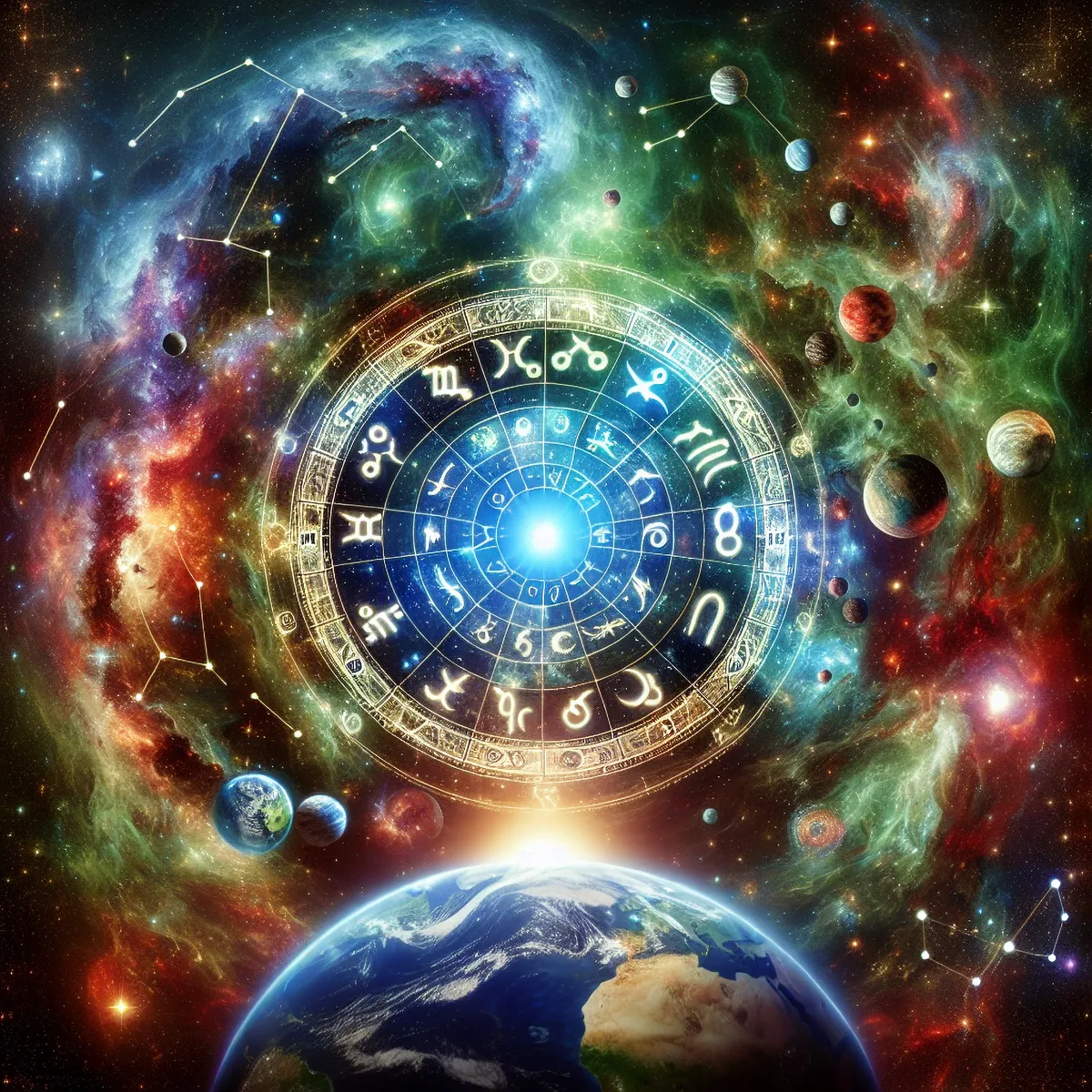 Kozmikus tűz- horoszkópCosmic,Zodiacal,Wheel,With,Galaxia,Background,And,The,Earth