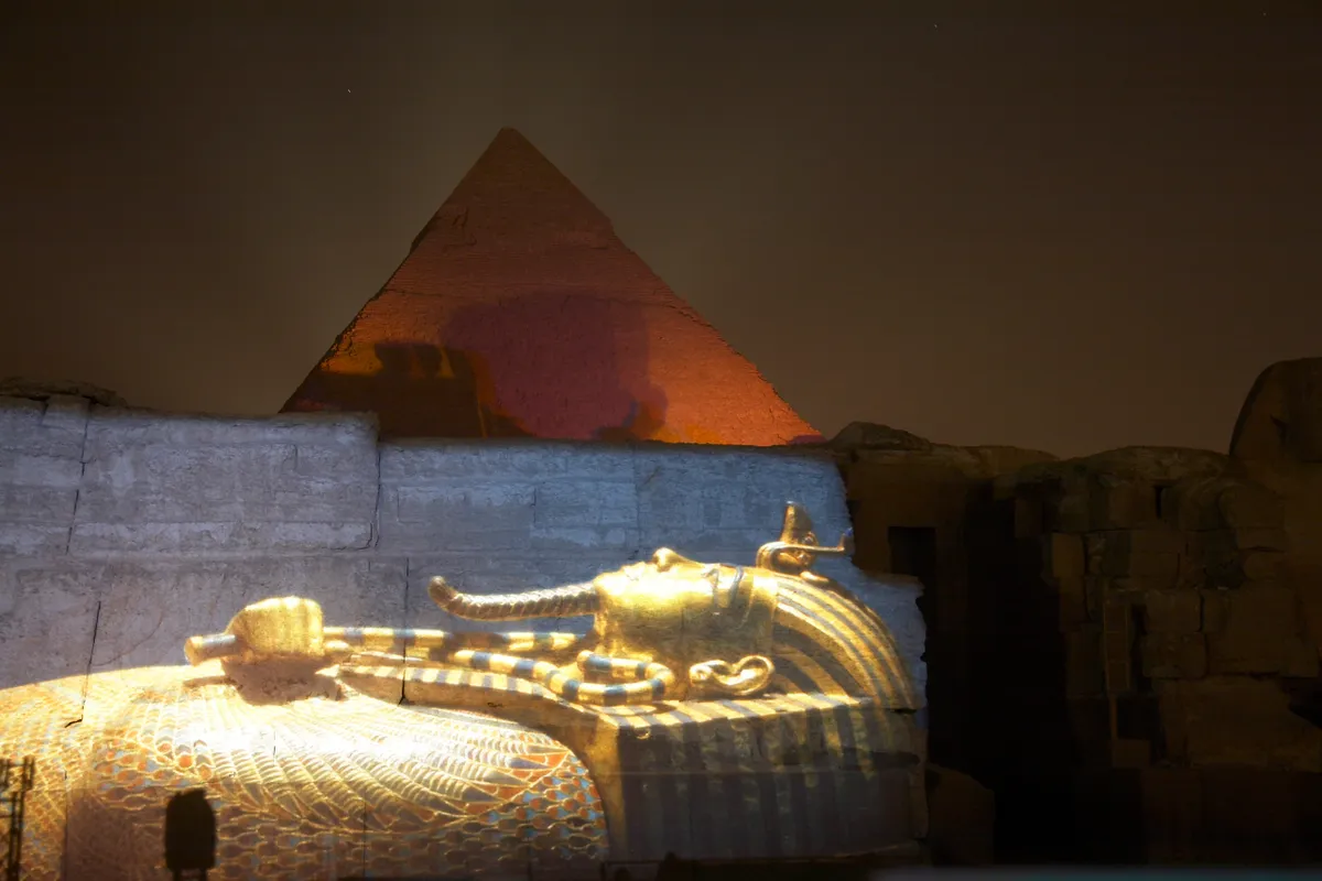 Pyramids of Khafre with projection, Cairo, Egypt.