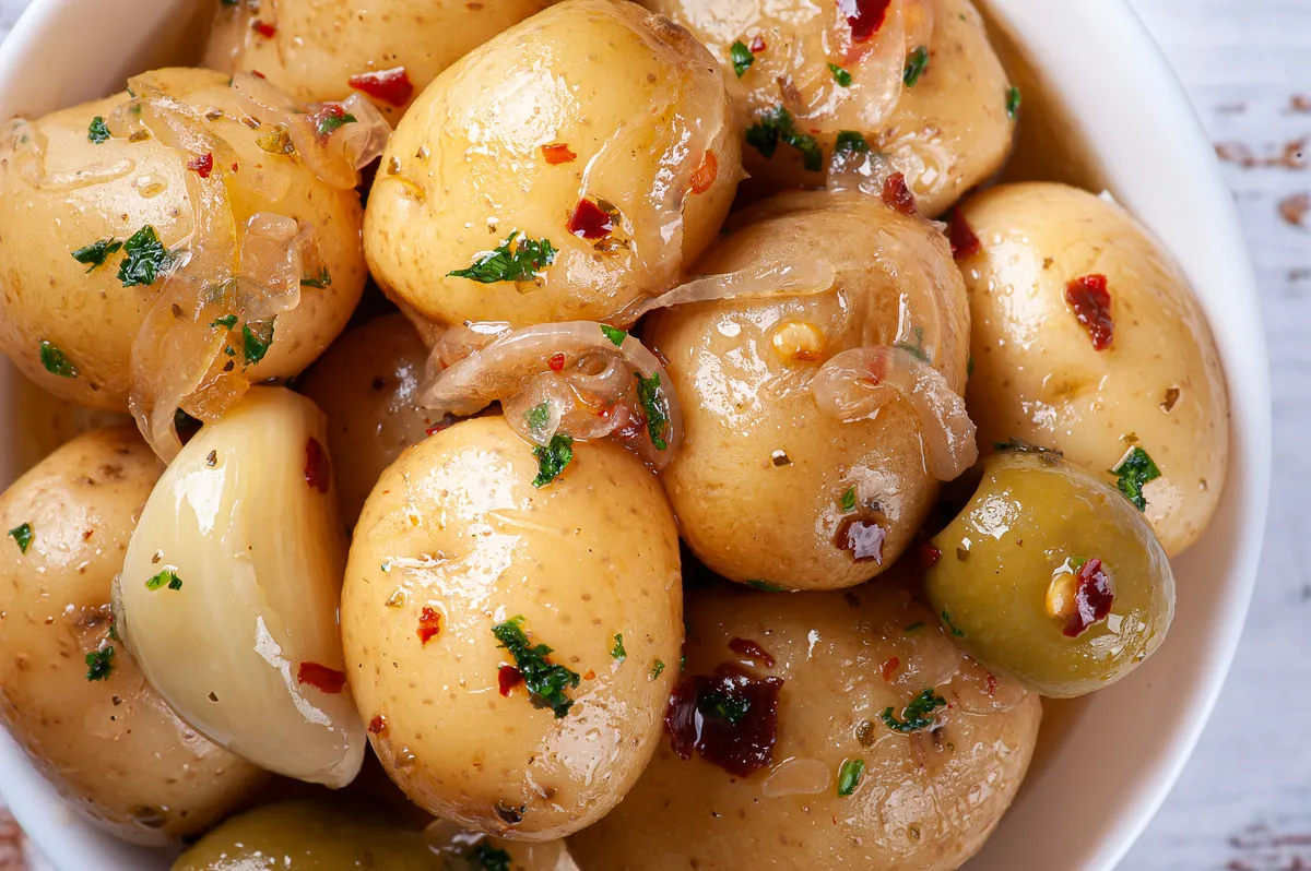 Házi savanyú burgonya Homemade,Mini,Pickled,Potatoes,In,A,White,Bowl